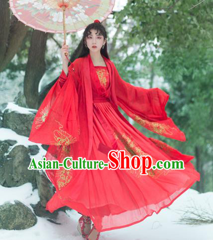 Chinese Traditional Jin Dynasty Princess Red Dress Ancient Swordswoman Embroidered Clothing for Women
