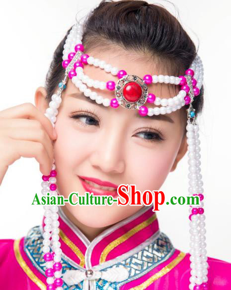 Chinese Traditional Folk Dance Tassel Hair Accessories, Mongolian Minority Bride Rosy Beads Hair Jewelry Dance Headband for Women