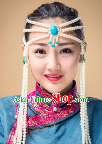Chinese Traditional Folk Dance Kallaite Hair Accessories White Beads Hair Clasp, Mongolian Minority Dance Headwear for Women