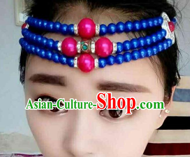 Chinese Traditional Ethnic Folk Dance Hair Accessories Blue Beads Hair Clasp, Mongolian Minority Dance Headwear for Women