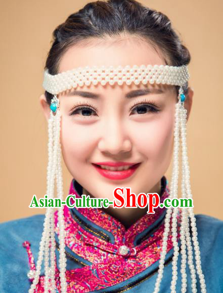 Chinese Traditional Ethnic White Beads Tassel Hair Accessories, Mongolian Minority Folk Dance Headwear for Women