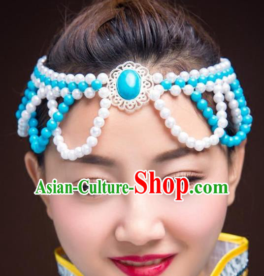 Chinese Traditional Mongol Ethnic Hair Accessories, Mongolian Minority Folk Dance Blue Beads Tassel Headwear for Women