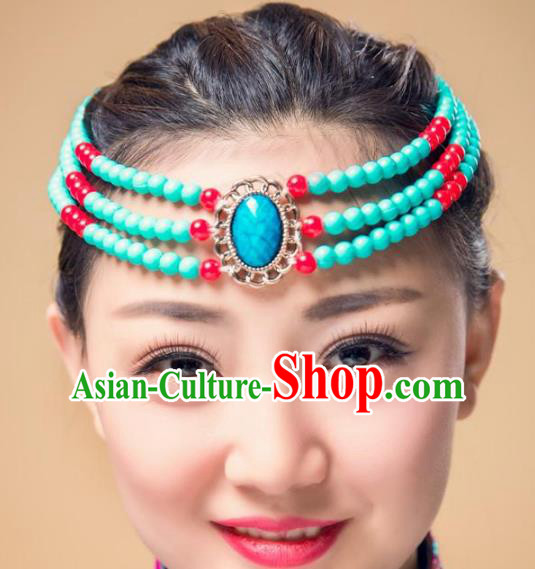 Chinese Traditional Mongol Stage Performance Hair Accessories, Mongolian Minority Folk Dance Green Beads Headwear for Women