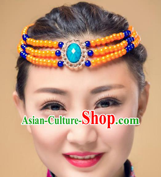 Chinese Traditional Mongol Stage Performance Hair Accessories, Mongolian Minority Folk Dance Orange Beads Headwear for Women