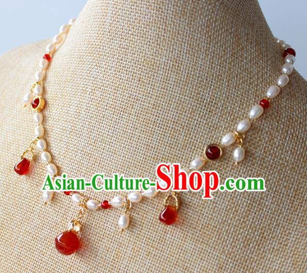 Chinese Ancient Handmade Red Agate Necklace Accessories Hanfu Pearls Necklet for Women