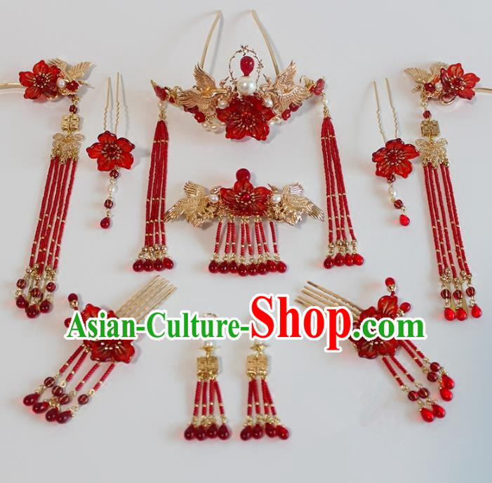 Chinese Ancient Handmade Classical Red Beads Tassel Hair Clip Hair Accessories Hanfu Hairpins Complete Set for Women