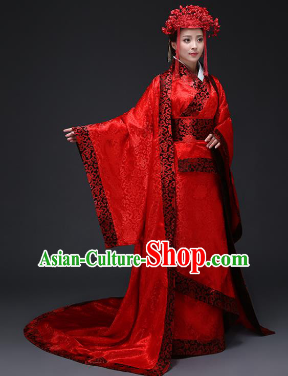 Chinese Ancient Wedding Costumes Han Dynasty Empress Red Hanfu Dress Clothing and Headpiece Complete Set for Women