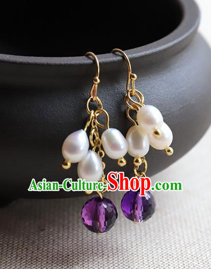 Chinese Ancient Handmade Classical Pearls Earrings Accessories Hanfu Purple Bead Eardrop for Women