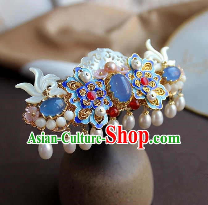 Chinese Ancient Handmade Pearls Tassel Hair Coronet Classical Hair Accessories Hanfu Blueing Hairpins for Women