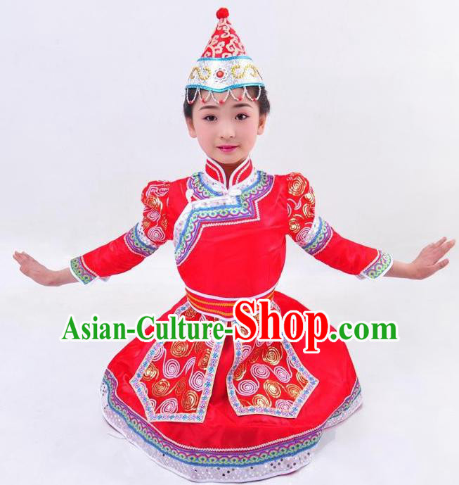 Chinese Mongol Nationality Costume Red Mongolian Robe Traditional Mongolian Minority Dress for Kids