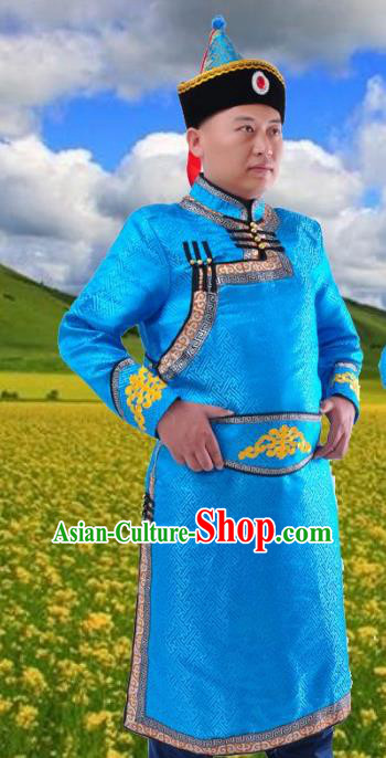 Chinese Mongol Nationality Costume Blue Mongolian Robe Traditional Mongolian Minority Folk Dance Clothing for Men