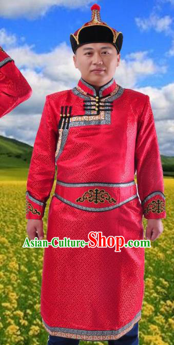 Chinese Mongol Nationality Costume Red Mongolian Robe Traditional Mongolian Minority Folk Dance Clothing for Men