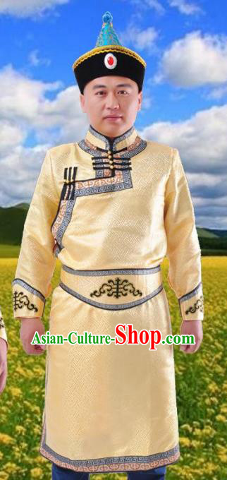 Chinese Mongol Nationality Costume Golden Mongolian Robe Traditional Mongolian Minority Folk Dance Clothing for Men