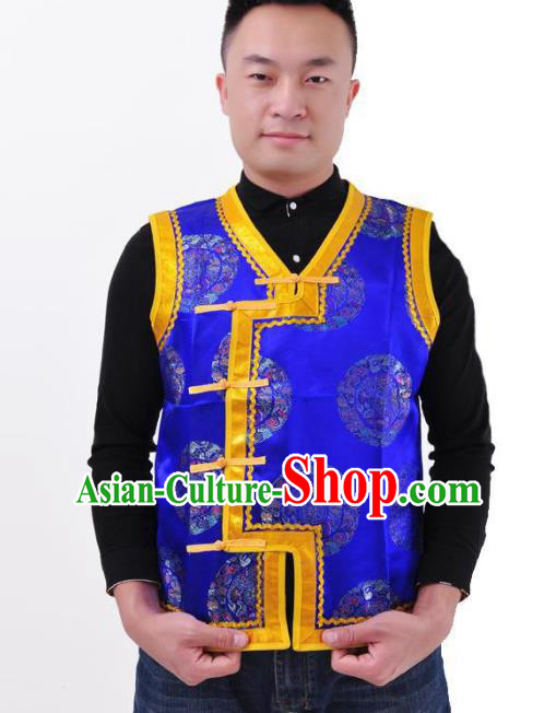 Chinese Mongol Nationality Costume Mongolian Blue Vest Traditional Mongolian Minority Folk Dance Clothing for Men