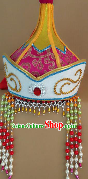 Chinese Handmade Mongol Nationality Wedding Hats Hair Accessories Mongolian Princess Pink Hats for Women
