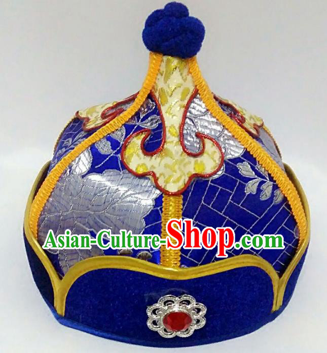 Chinese Handmade Mongol Nationality Wedding Hats Mongolian Prince Royalblue Hats for Men