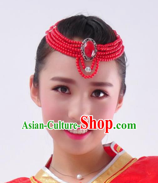 Chinese Handmade Mongol Nationality Hair Accessories Mongolian Red Beads Hair Clasp for Women