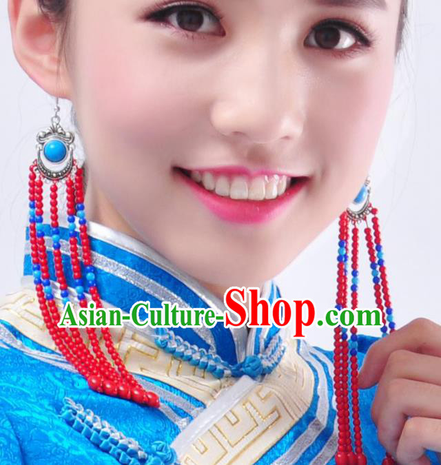 Chinese Handmade Mongol Nationality Accessories Mongolian Long Tassel Earrings for Women