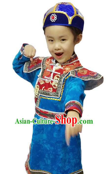 Chinese Mongol Nationality Costume Traditional Mongolian Minority Folk Dance Blue Mongolian Robe for Kids