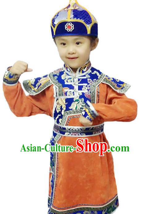 Chinese Mongol Nationality Costume Traditional Mongolian Minority Folk Dance Orange Mongolian Robe for Kids