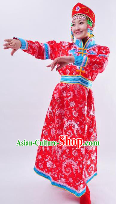 Chinese Mongol Nationality Wedding Costume Red Mongolian Robe Traditional Mongolian Minority Clothing for Women