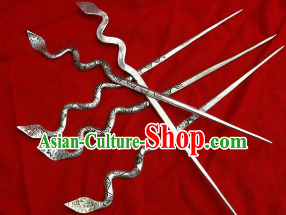 Chinese Traditional Miao Nationality Hair Accessories, Hmong Sliver Snake Hairpins Headwear for Women
