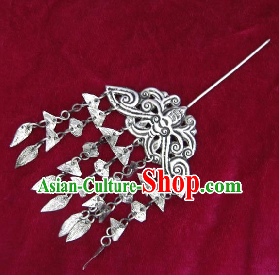Chinese Traditional Miao Nationality Hair Accessories, Hmong Sliver Butterfly Tassel Hairpins Headwear for Women