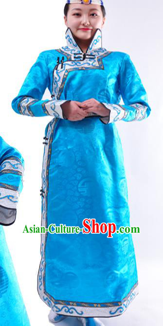 Chinese Mongol Nationality Folk Dance Costume Traditional Blue Mongolian Robe for Women