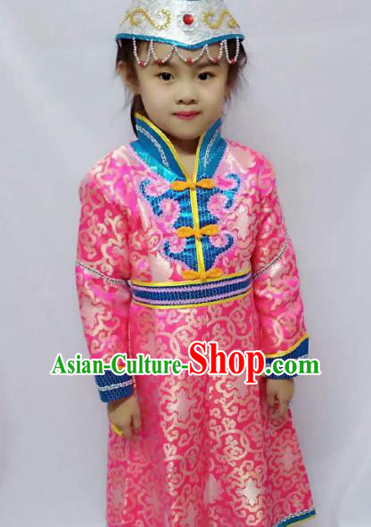 Chinese Mongol Nationality Costume Pink Mongolian Robe Traditional Mongolian Minority Clothing for Kids