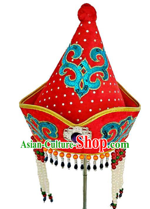 Chinese Handmade Mongol Nationality Hats Mongolian Red Tassel Hats for Kids