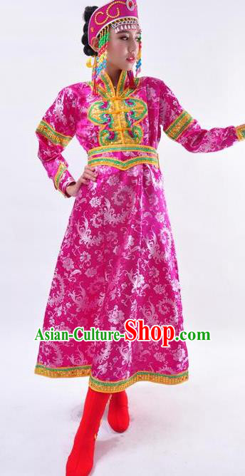 Chinese Mongol Nationality Folk Dance Costume Traditional Minority Rosy Mongolian Robe for Women