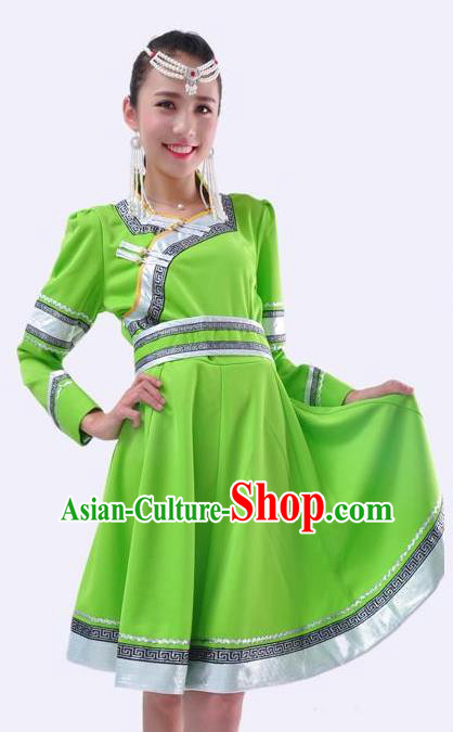 Chinese Mongol Nationality Folk Dance Costume Traditional Minority Green Mongolian Dress for Women