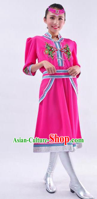 Chinese Mongol Nationality Folk Dance Costume Traditional Mongolian Minority Rosy Dress for Women
