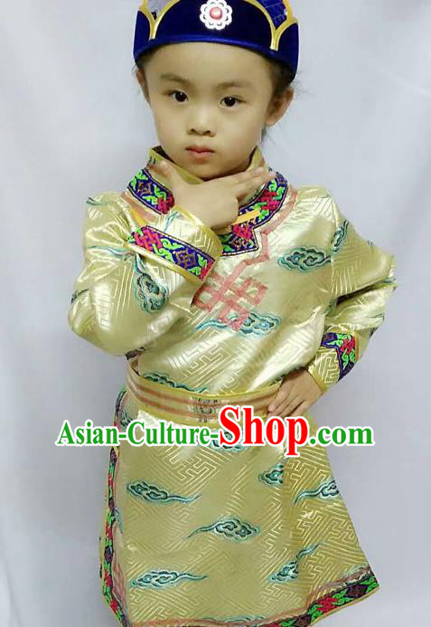 Chinese Mongol Nationality Costume Boy Golden Mongolian Robe Traditional Mongolian Minority Clothing for Kids