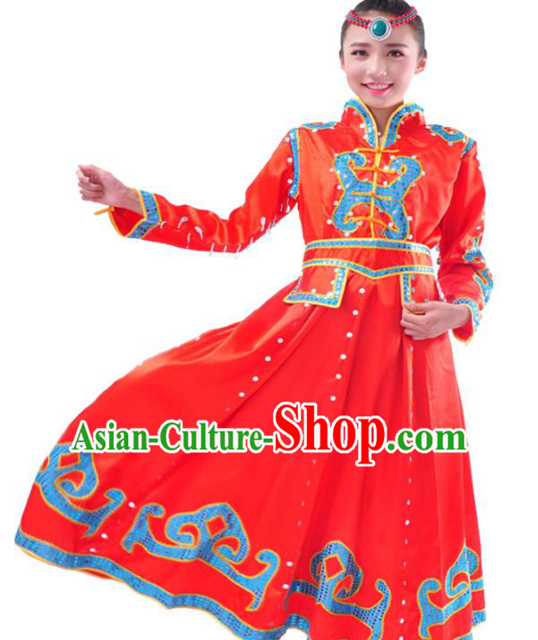 Chinese Mongol Nationality Folk Dance Costume Traditional Mongolian Minority Red Big Swing Dress for Women