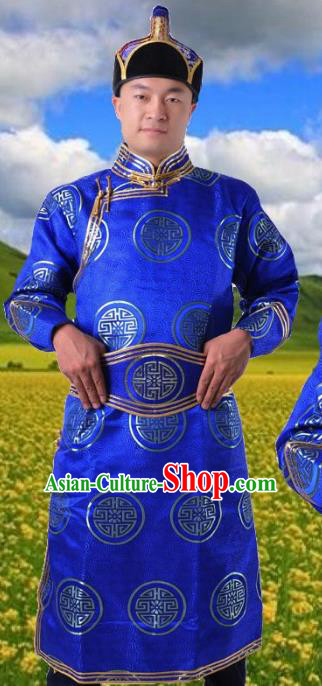 Chinese Mongol Nationality Blue Costume Traditional Mongolian Royal Highness Clothing for Men