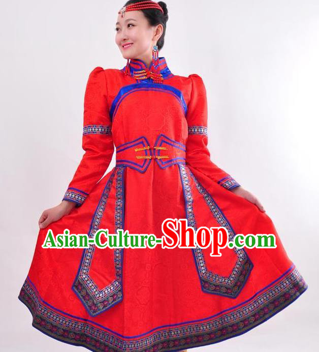 Chinese Mongol Nationality Folk Dance Red Dress Costume Traditional Mongolian Minority Clothing for Women