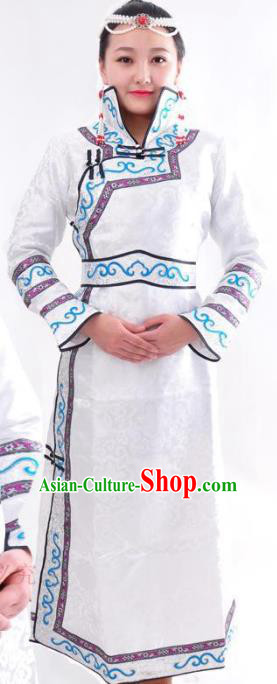 Chinese Mongol Nationality Folk Dance Costume Traditional Mongolian Minority White Mongolian Robe for Women