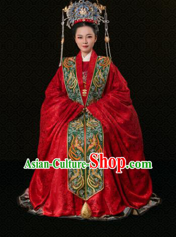 Chinese Traditional Ancient Ming Dynasty Imperial Empress Wedding Hanfu Dress and Phoenix Coronet Complete Set