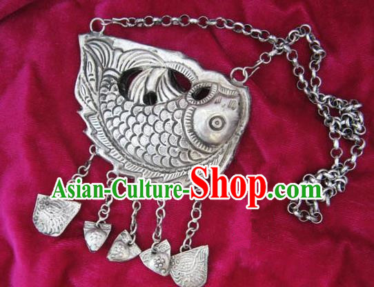 Chinese Miao Nationality Ornaments Sliver Fish Necklace Traditional Hmong Handmade Longevity Lock for Women