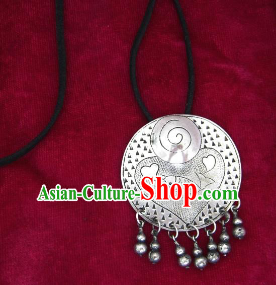 Chinese Miao Nationality Ornaments Carving Sliver Necklace Pendant Traditional Hmong Necklet for Women