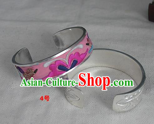 Chinese Miao Nationality Ornaments Sliver Bracelet Traditional Hmong Embroidered Pink Bangle for Women