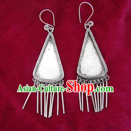 Chinese Handmade Miao Sliver Triangle Eardrop Hmong Nationality Tassel Earrings for Women
