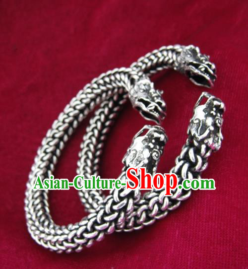 Chinese Miao Sliver Ornaments Dragon Head Bracelet Traditional Hmong Bangle Accessories for Women