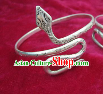 Chinese Miao Sliver Ornaments Snake Bracelet Traditional Hmong Bangle Accessories for Women