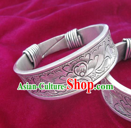 Chinese Miao Sliver Ornaments Carving Peony Bracelet Traditional Hmong Bangle Accessories for Women
