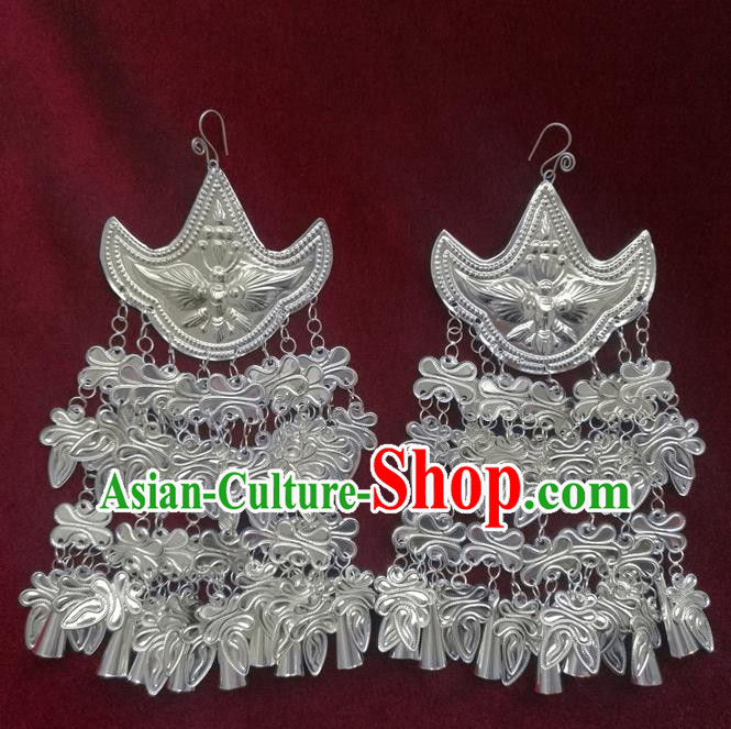 Chinese Handmade Miao Sliver Exaggerated Eardrop Hmong Nationality Earrings for Women