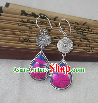 Chinese Handmade Miao Sliver Eardrop Hmong Nationality Embroidered Rosy Flower Earrings for Women