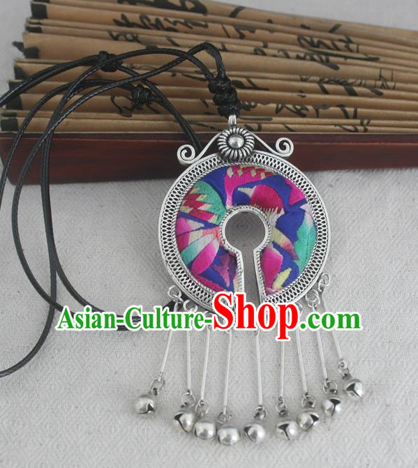 Chinese Miao Sliver Ornaments Embroidered Necklace Traditional Hmong Handmade Necklet Pendant for Women