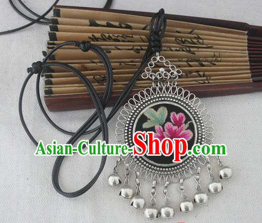 Chinese Miao Sliver Ornaments Embroidered Necklace Hmong Handmade Necklet Pendant for Women